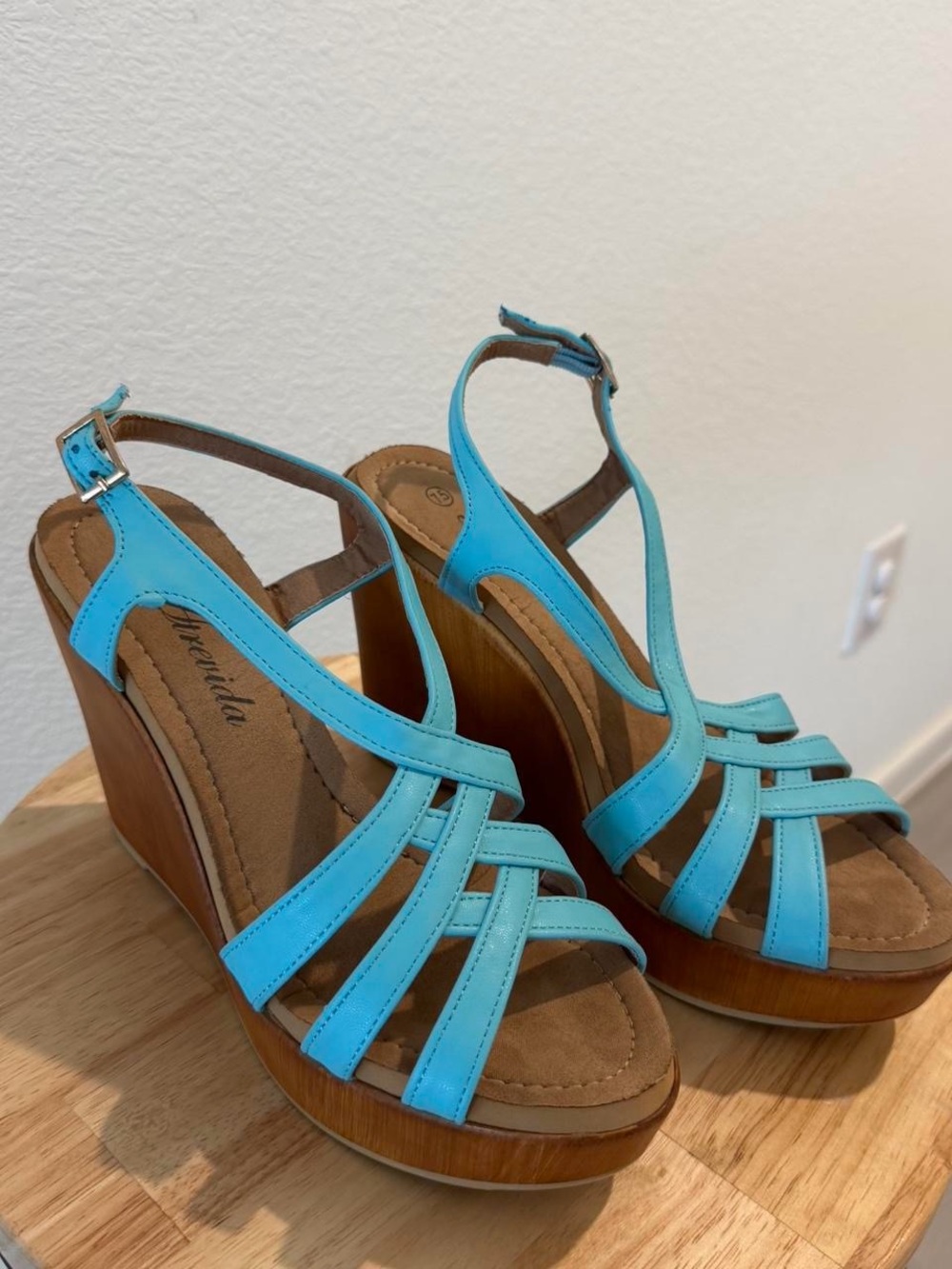 Y2K Turquoise wedge sandals with criss-cross straps